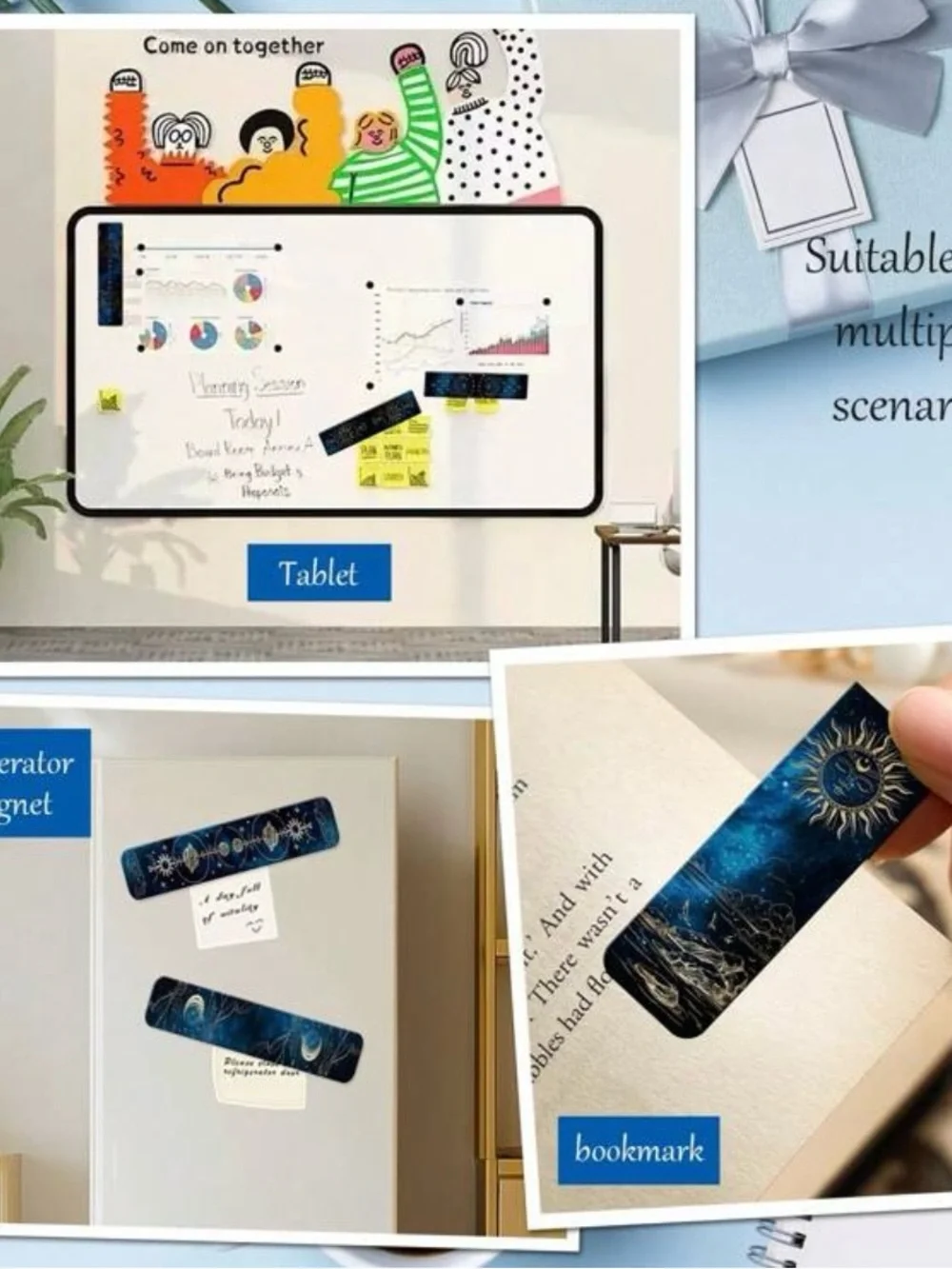 12 Mystic Night Sky Magnetic Bookmarks – Blue & Gold Celestial Moon Stars